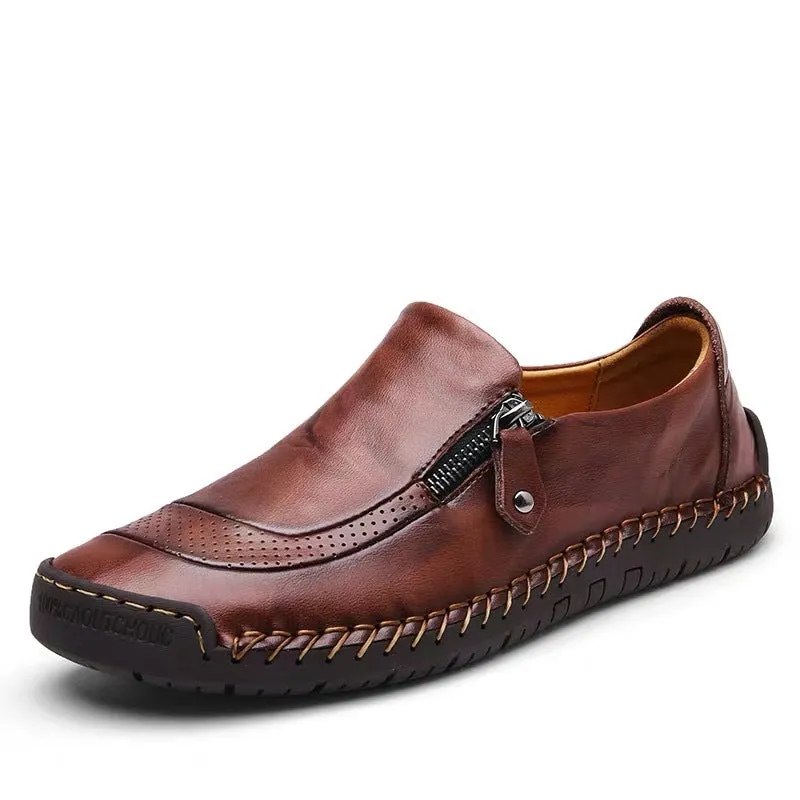Men Hand Stitching Zipper Slip-ons Leather Shoes Me Too Slip On Shoes