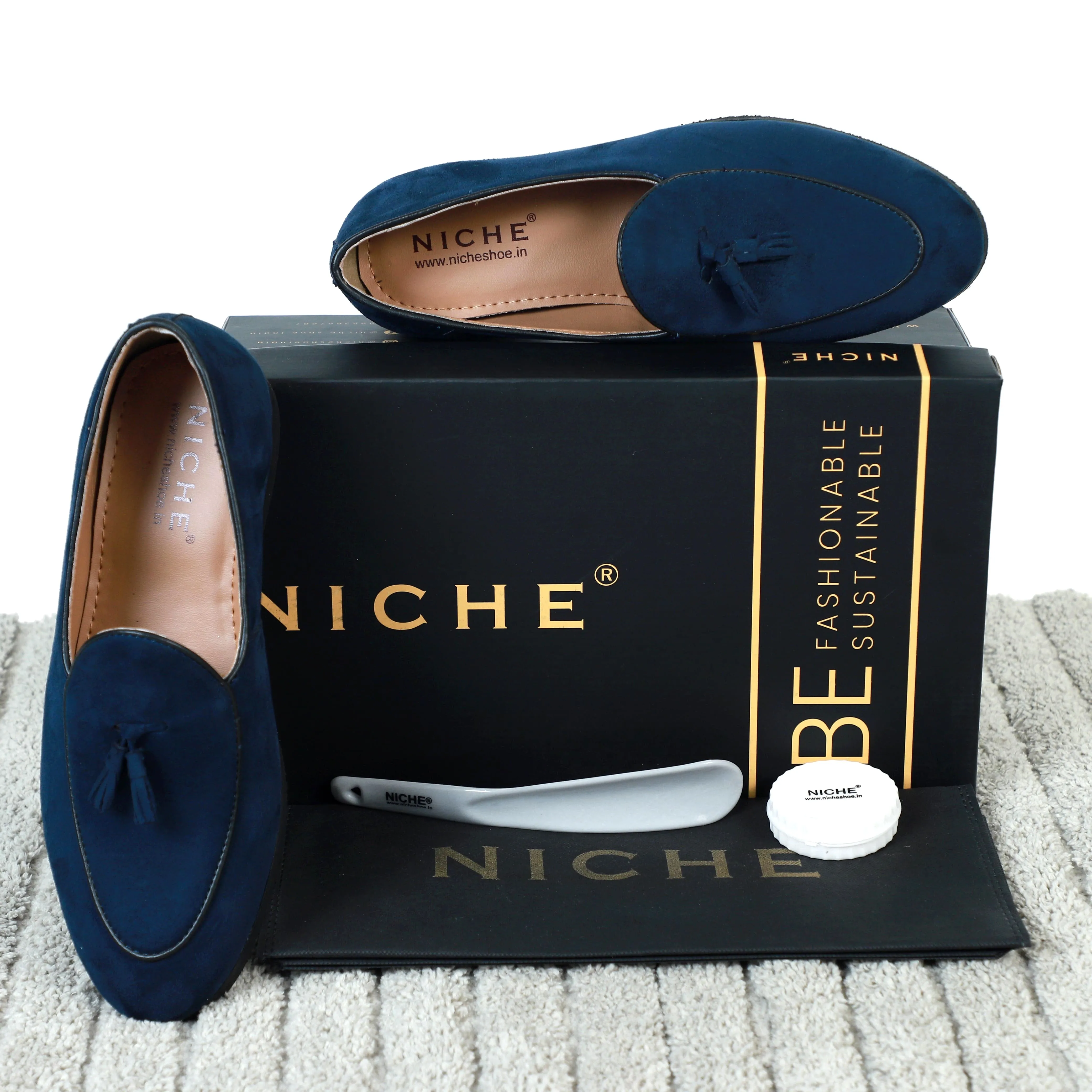 Slip On High Heel Shoes NICHE Blue Suede Tassel Loafers