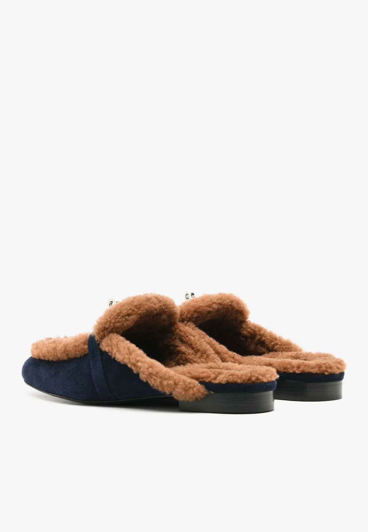 Oz Flat Mules in Marine Suede and Gold Shearling Slippers Soft Bottom