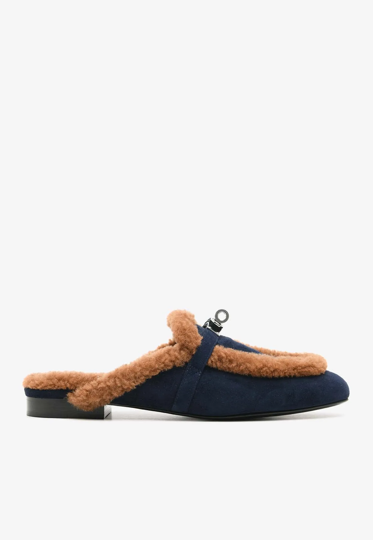 Slippers Closed Toe Oz Flat Mules in Marine Suede and Gold Shearling
