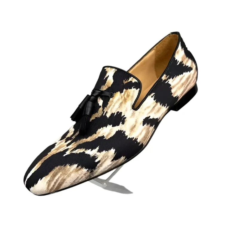 Men's Handmade Leopard Print Canvas Loafers - Stylish Tassel Slip-On Casual Flats for Summer Chunky Heel Loafers