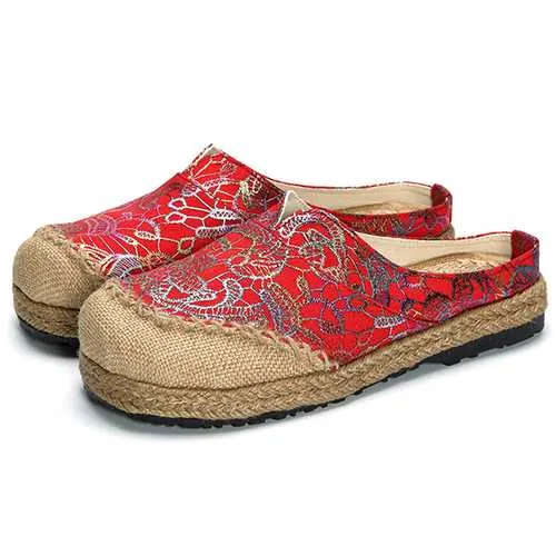 Women Slip On Flax Cloth Shoes Casual Flat Loafers Two Tone Loafers