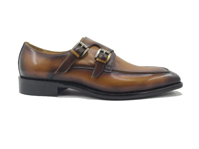 Carrucci Cognac Double Monk Straps Leather Shoe KS509-05 Childrens Loafers