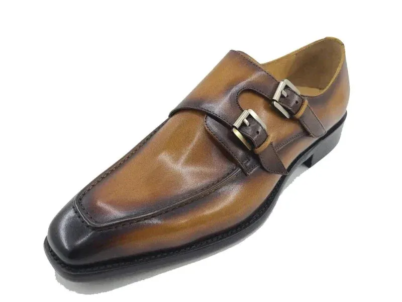 Carrucci Cognac Double Monk Straps Leather Shoe KS509-05 Slip On Loafers Shoes