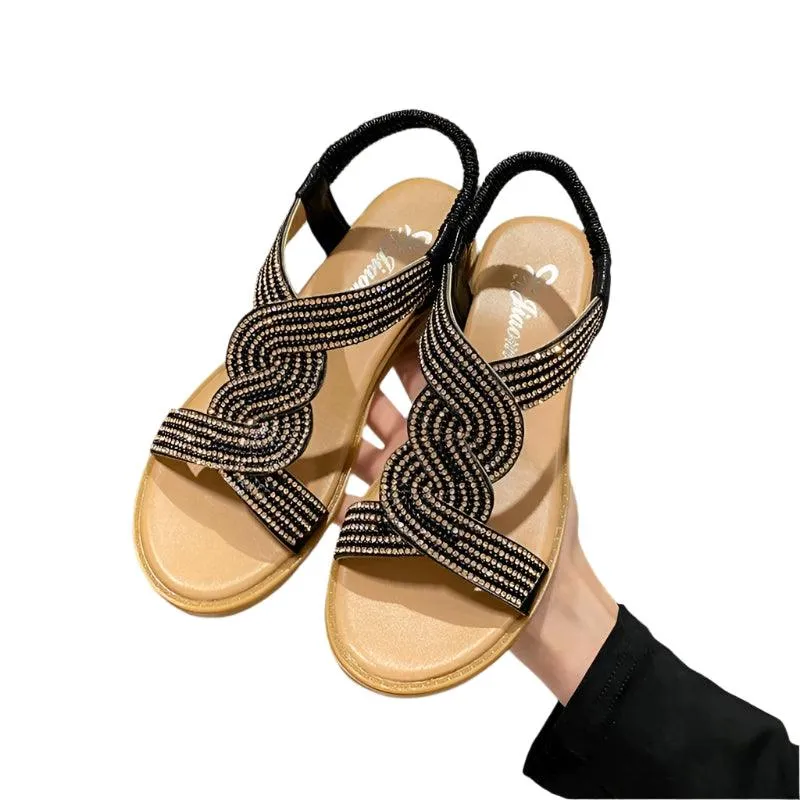 Top Selling Flip Flops Fashion Flat Round Toe Heel Diamond Decoration Slip on Size 35-40  Women Sandals