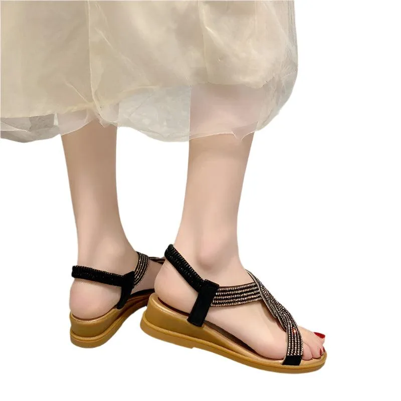 Flip Flops Shower Fashion Flat Round Toe Heel Diamond Decoration Slip on Size 35-40  Women Sandals