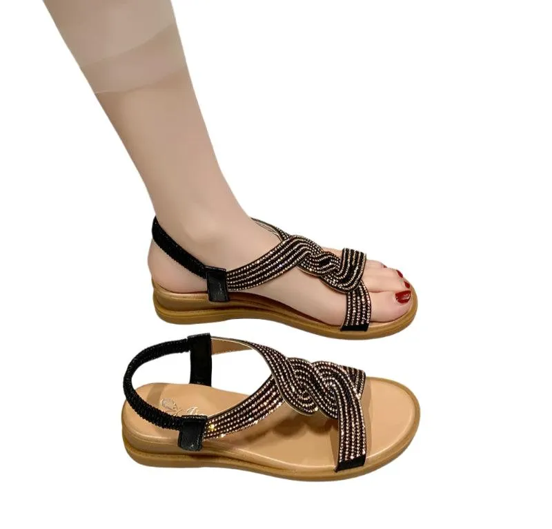 Fashion Flat Round Toe Heel Diamond Decoration Slip on Size 35-40  Women Sandals Bondi Flip Flops