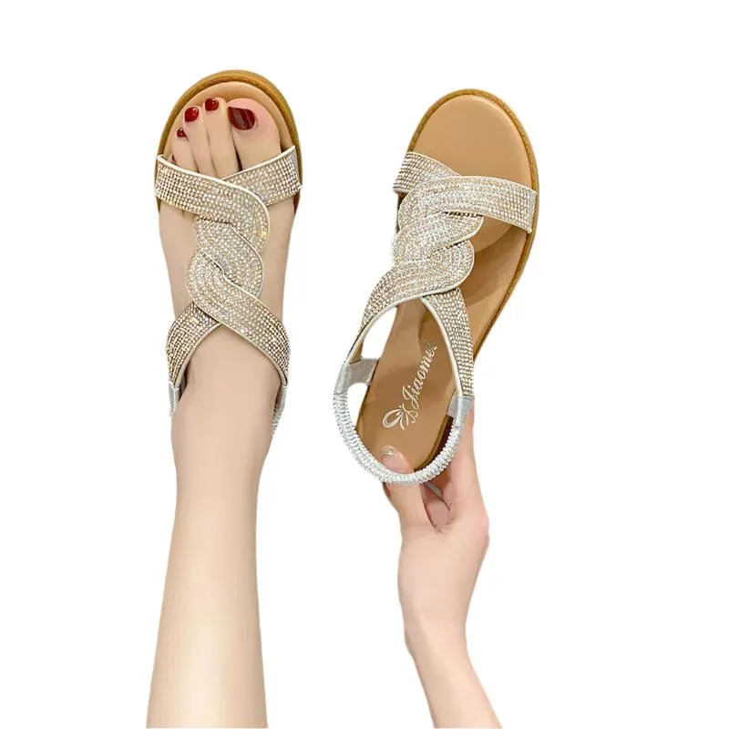 White Wedding Flip Flops Fashion Flat Round Toe Heel Diamond Decoration Slip on Size 35-40  Women Sandals