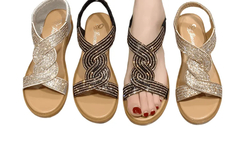 Fashion Flat Round Toe Heel Diamond Decoration Slip on Size 35-40  Women Sandals Wildwood Flip Flops