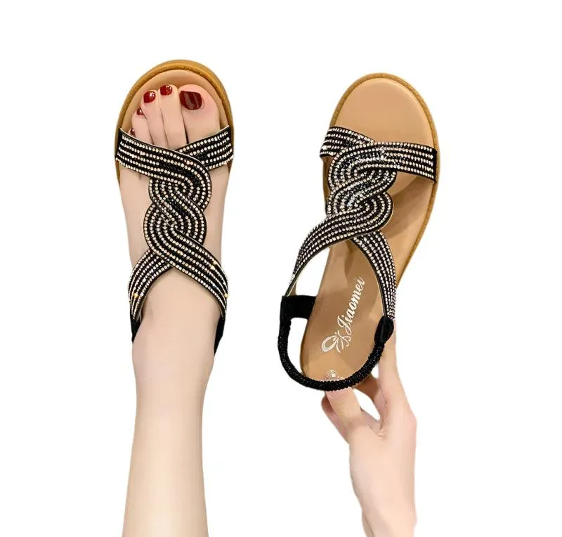 Molded Flip Flops Fashion Flat Round Toe Heel Diamond Decoration Slip on Size 35-40  Women Sandals