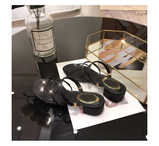 Oncai Flip Flops Fashion Rome Slip-On Women Sandals Flip Flops Solid Round Toe Pearl Buckle Causal Sandals Shoes