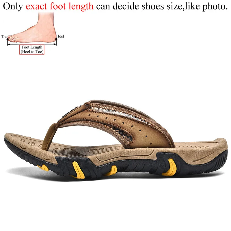 Dark Brown Slippers Men Genuine Leather Flip Flops Slippers Outdoor Summer Shoes Beach Chanclas Hombre Chinelo Masculino