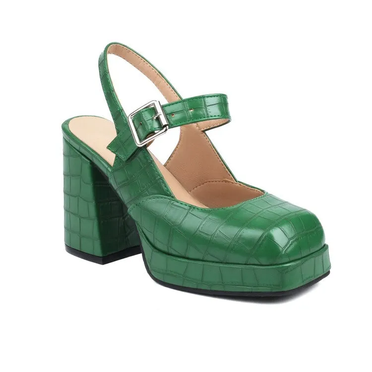 Women's Square Toe Shallow Buckle Straps Block Chunky Heel Platform Sandals In Antigua