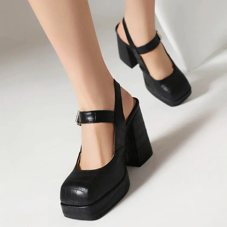 Wrap Up Sandals Women's Square Toe Shallow Buckle Straps Block Chunky Heel Platform Sandals