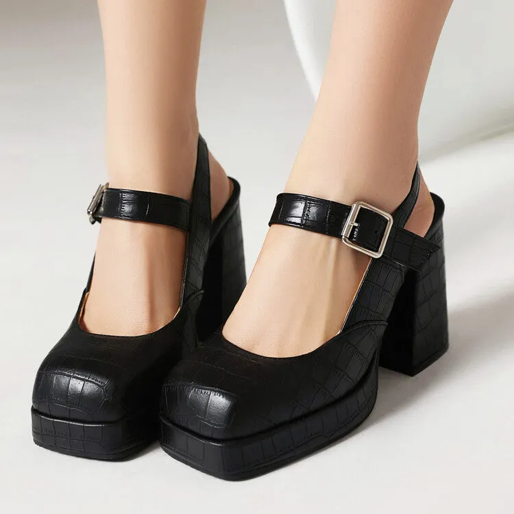 Sandals Define Women's Square Toe Shallow Buckle Straps Block Chunky Heel Platform Sandals