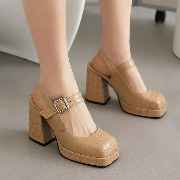 Women's Square Toe Shallow Buckle Straps Block Chunky Heel Platform Sandals Fantasy Sandals