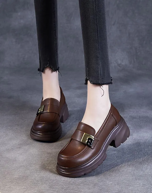 Women Thick- Soled Retro Loafers Black Mary Jane Shoes Camel Toe Loafers