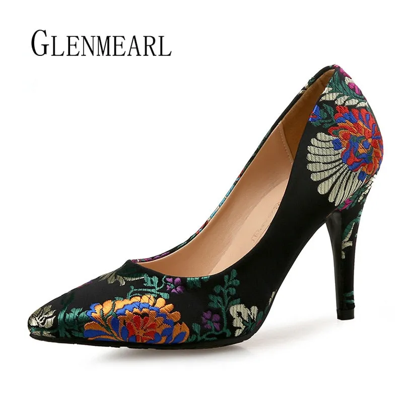 The Best Work Boots Women Pumps High Heels Shoes Plus Size Pointed Toe Embroidery Dress Shoes Female Thin Heel Single Wedding Shoes Bride Pumps DO