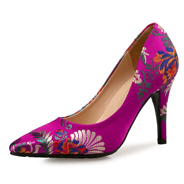 Women Pumps High Heels Shoes Plus Size Pointed Toe Embroidery Dress Shoes Female Thin Heel Single Wedding Shoes Bride Pumps DO Cyber Monday Deals Work Boots