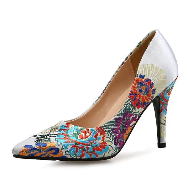 Women Pumps High Heels Shoes Plus Size Pointed Toe Embroidery Dress Shoes Female Thin Heel Single Wedding Shoes Bride Pumps DO Waterproof Boots Work