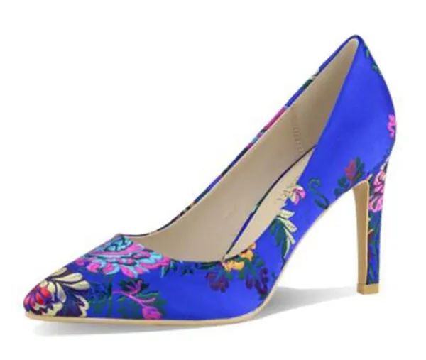 Garden Work Boots Women Pumps High Heels Shoes Plus Size Pointed Toe Embroidery Dress Shoes Female Thin Heel Single Wedding Shoes Bride Pumps DO