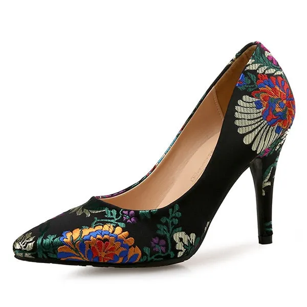 Work Boots For Wide Feet Women Pumps High Heels Shoes Plus Size Pointed Toe Embroidery Dress Shoes Female Thin Heel Single Wedding Shoes Bride Pumps DO