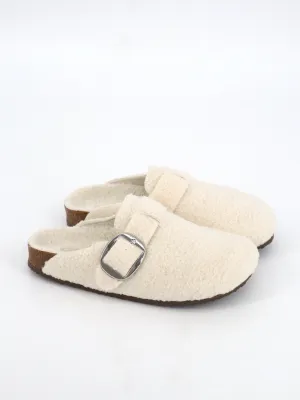 Women's Plain Shearling Slippers,Off White Leather House Slippers