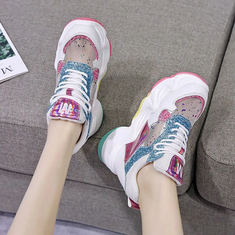 2021 Spring Women Chunky Sneakers Breathable Mesh Casual Shoes 9cm Wedge Heels Platform Shoes Chaussures Femme Sports Dad Shoes Slip On Platform Sneakers