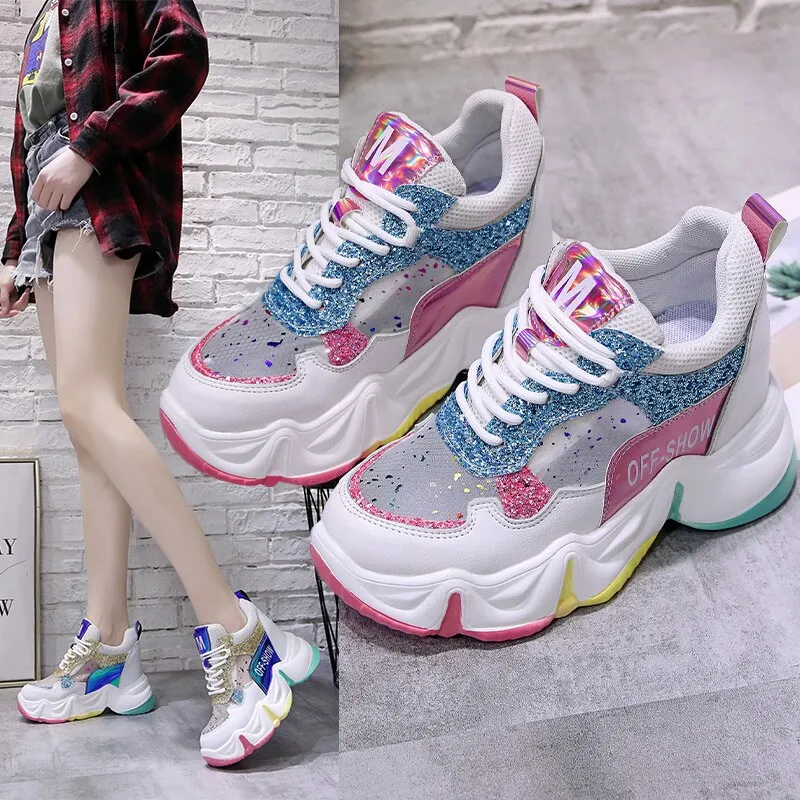 Thigh High Sneakers 2021 Spring Women Chunky Sneakers Breathable Mesh Casual Shoes 9cm Wedge Heels Platform Shoes Chaussures Femme Sports Dad Shoes