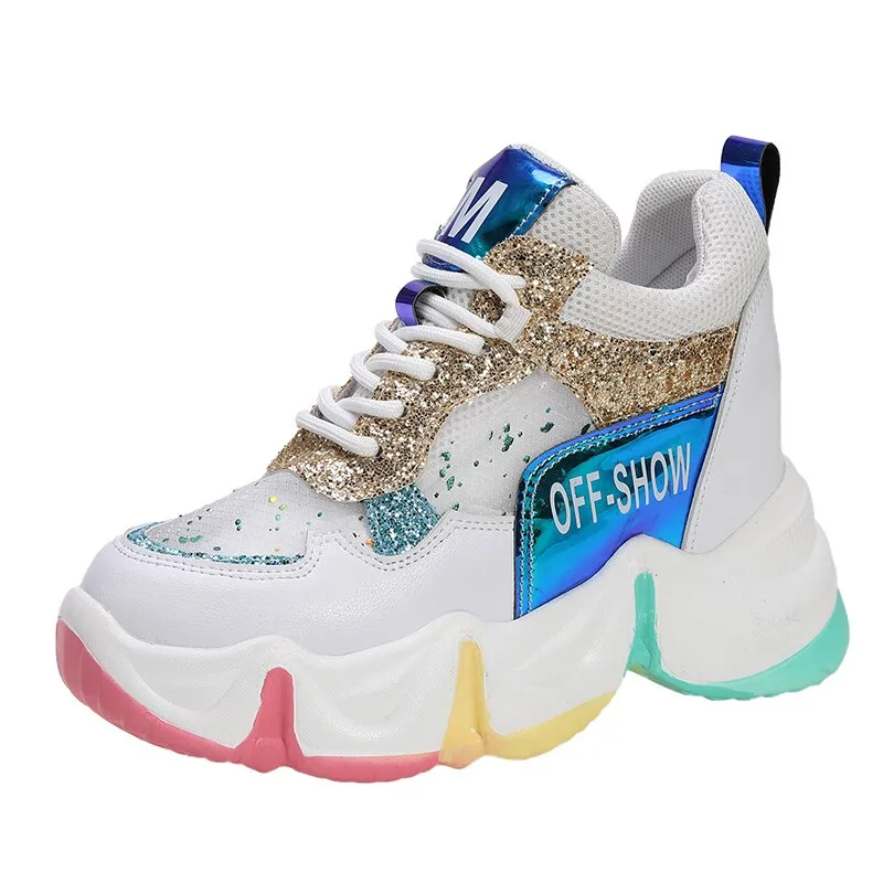 2021 Spring Women Chunky Sneakers Breathable Mesh Casual Shoes 9cm Wedge Heels Platform Shoes Chaussures Femme Sports Dad Shoes Goat Com Sneakers