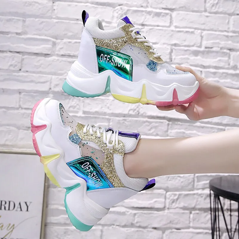 2021 Spring Women Chunky Sneakers Breathable Mesh Casual Shoes 9cm Wedge Heels Platform Shoes Chaussures Femme Sports Dad Shoes Slip On High Top Sneakers