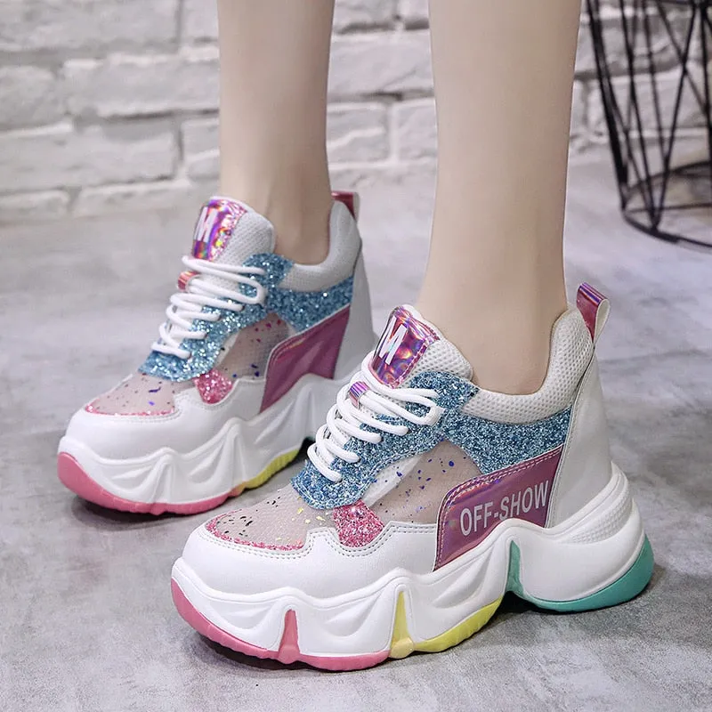Great Running Sneakers 2021 Spring Women Chunky Sneakers Breathable Mesh Casual Shoes 9cm Wedge Heels Platform Shoes Chaussures Femme Sports Dad Shoes