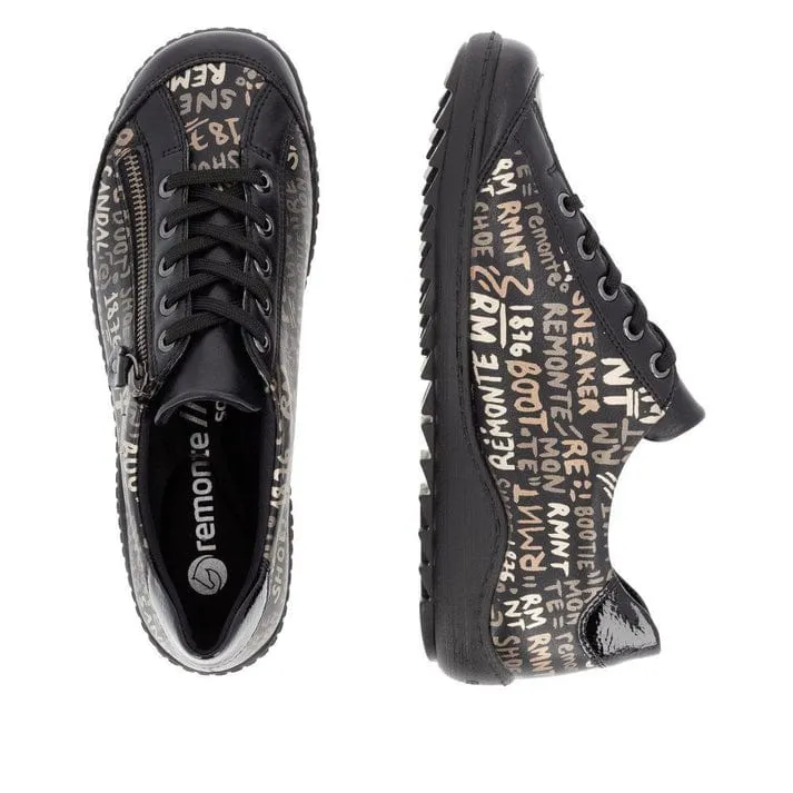 Remonte Women's Lace & Zip Sneakers- Black Writing Dr Comfort Sneakers