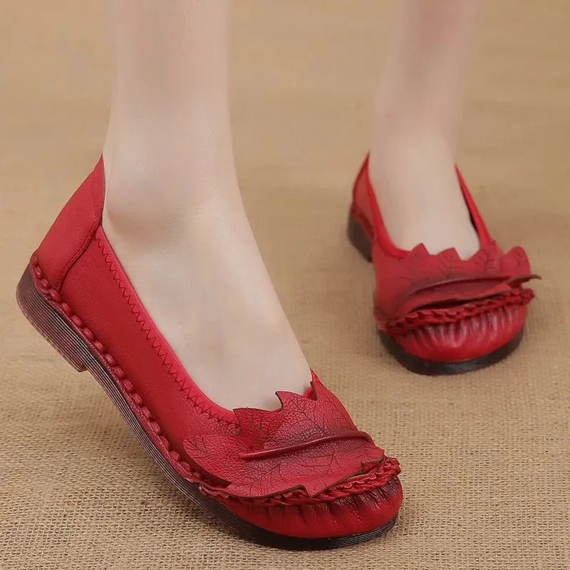 Genuine Leather Flats Women Wide Shoes Soft Pregnant Loafers Flag Ltd Loafers