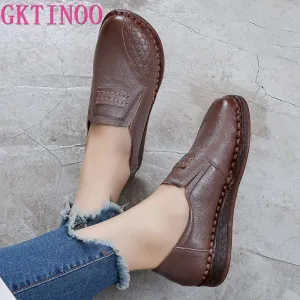 Horsebit Loafers GKTINOO 2021 Fashion Women Shoes Genuine Leather Loafers Women Casual Shoes Mother Soft Comfortable Shoes Women Flats Non-slip