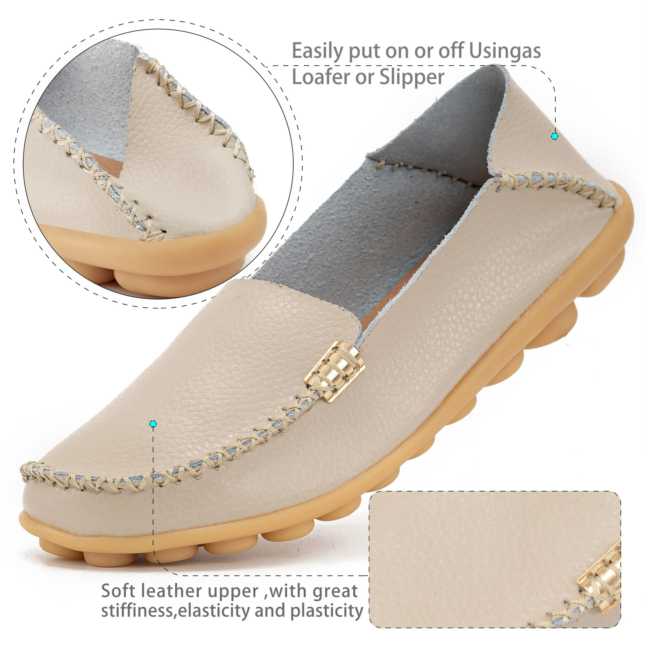 Harence Womens Loafers Comfort Flats Shoes Slip-on Casual Woman Shoe No-Slip Genuine Leather Walking Sneakers Vibram Sole Work Boots