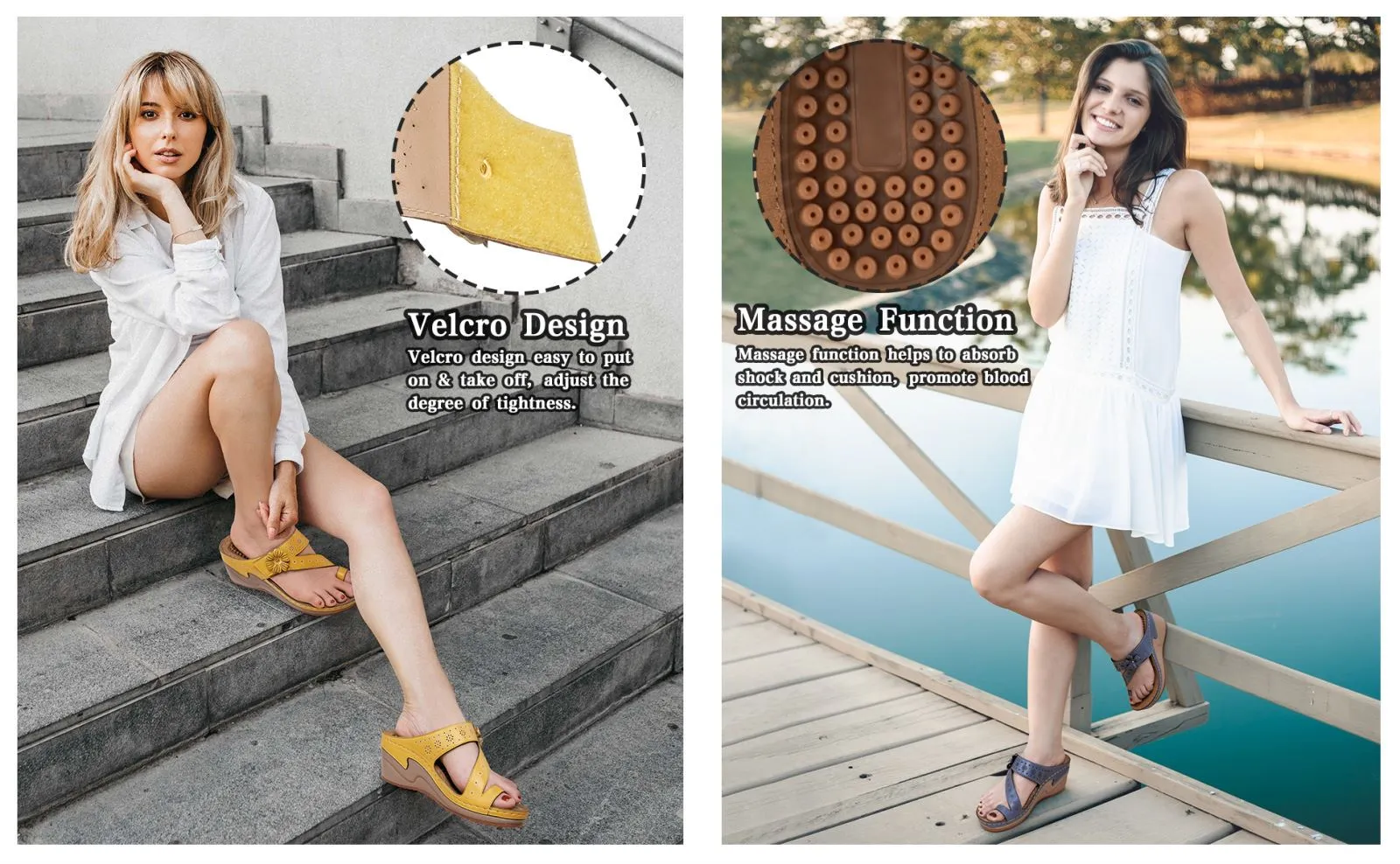 Bongo Flip Flops HARENCWomen's Wedge Bohemian Hook And Loop Adjustable Flip Flop Sandals With Arch Support