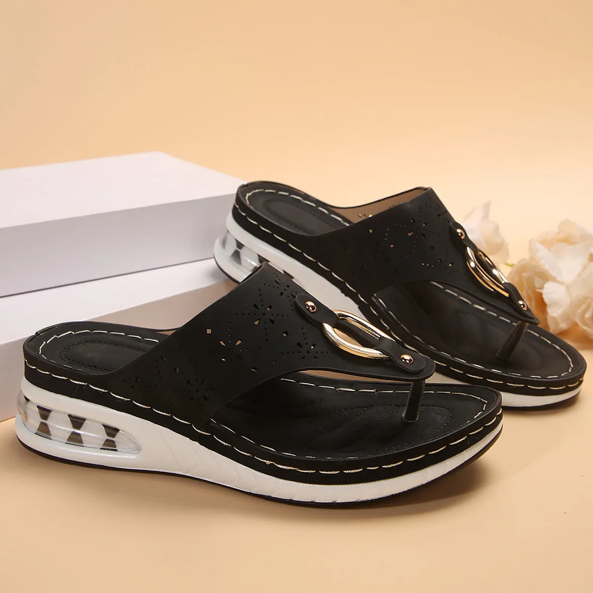 Words For Flip Flops New Air Cushion Thong Sandals Summer Flip Flops Hollow Metal Buckle Wedges Shoes For Women Thick Sole Beach Shoes