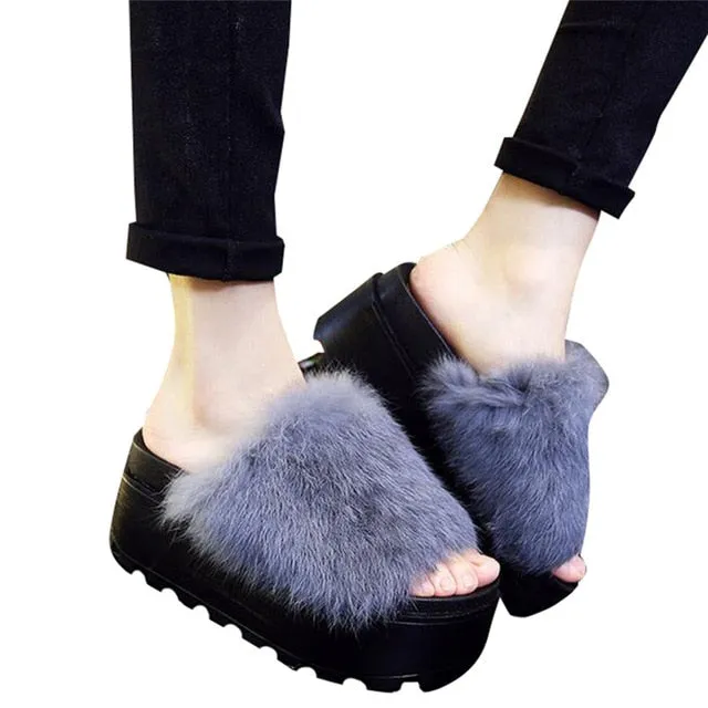 HEE GRAND Platform Slippers Women Shoes Fur Creepers Wedges Slides Beach Flip Flops Soft Slip On  Shoes Woman  XWM130 Wide Strap Flip Flops