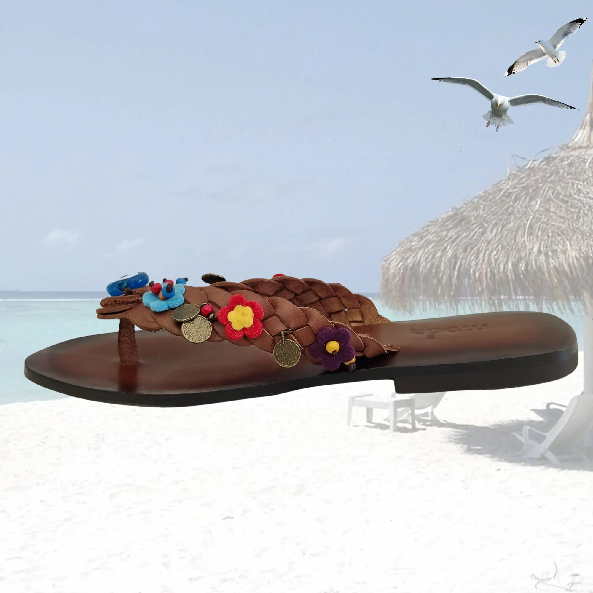 Handcrafted Vegetal Leather Sandal for Women with Ethnic Evil Eye Beads-Life Style High Back Summer Shoes-Gift Flip Flop Fashion Footwear Thin Strap Flip Flops