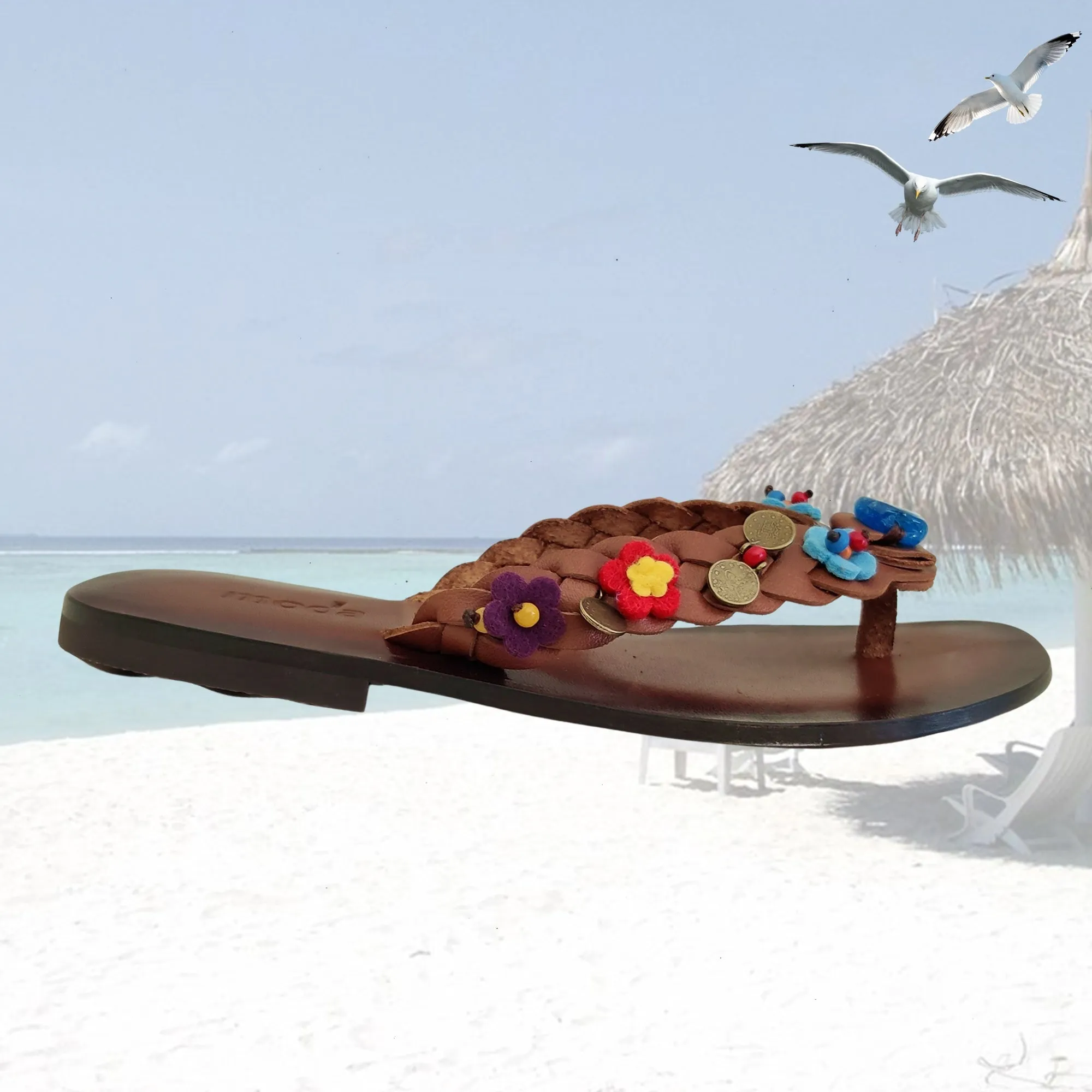 Handcrafted Vegetal Leather Sandal for Women with Ethnic Evil Eye Beads-Life Style High Back Summer Shoes-Gift Flip Flop Fashion Footwear Flip Flops With Bunions