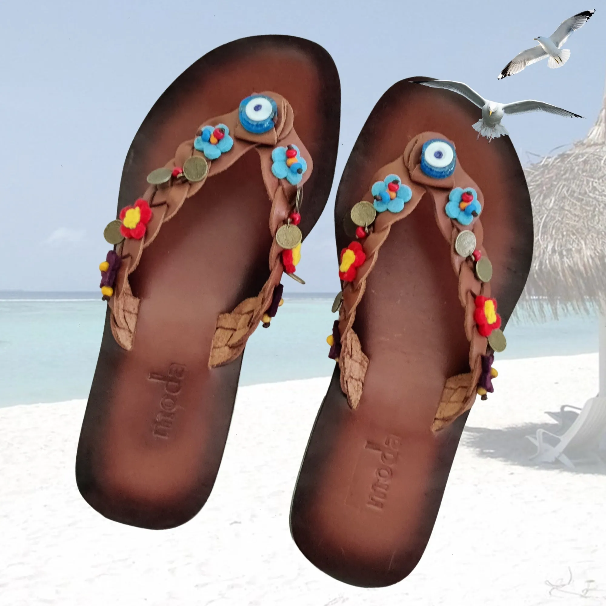 Chaco Flip Flops Handcrafted Vegetal Leather Sandal for Women with Ethnic Evil Eye Beads-Life Style High Back Summer Shoes-Gift Flip Flop Fashion Footwear