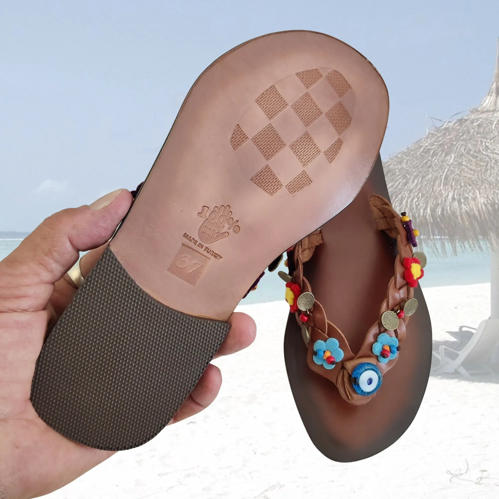 Comfort Flip Flops With Arch Support Handcrafted Vegetal Leather Sandal for Women with Ethnic Evil Eye Beads-Life Style High Back Summer Shoes-Gift Flip Flop Fashion Footwear