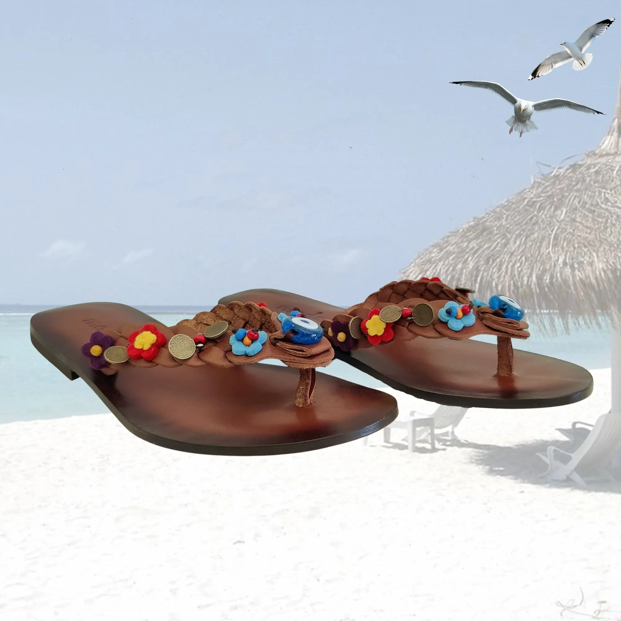 Handcrafted Vegetal Leather Sandal for Women with Ethnic Evil Eye Beads-Life Style High Back Summer Shoes-Gift Flip Flop Fashion Footwear Skinny Flip Flops