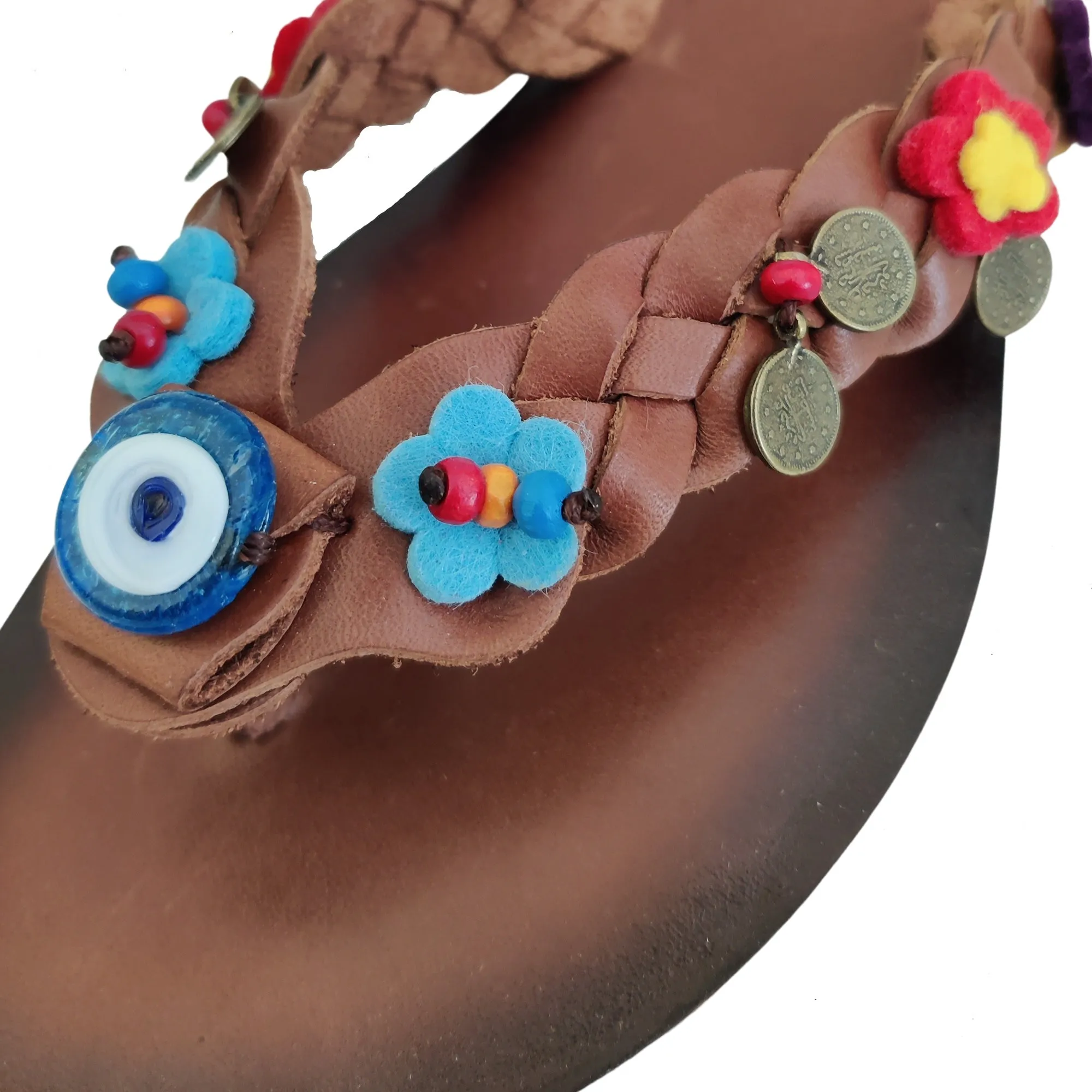 Handcrafted Vegetal Leather Sandal for Women with Ethnic Evil Eye Beads-Life Style High Back Summer Shoes-Gift Flip Flop Fashion Footwear Maui Flip Flops