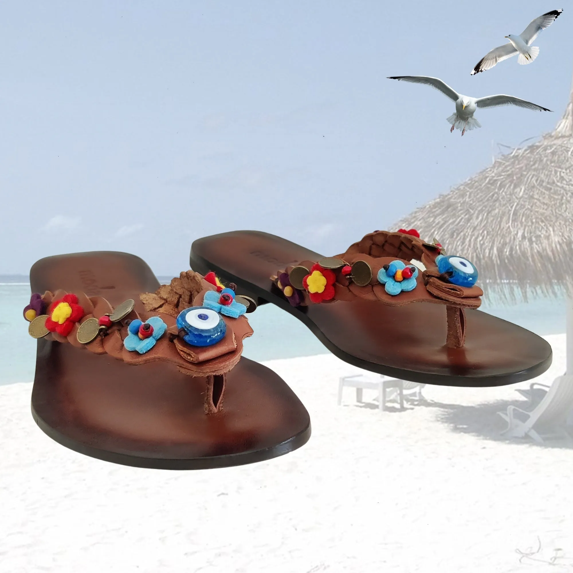 Regatta Flip Flops Handcrafted Vegetal Leather Sandal for Women with Ethnic Evil Eye Beads-Life Style High Back Summer Shoes-Gift Flip Flop Fashion Footwear