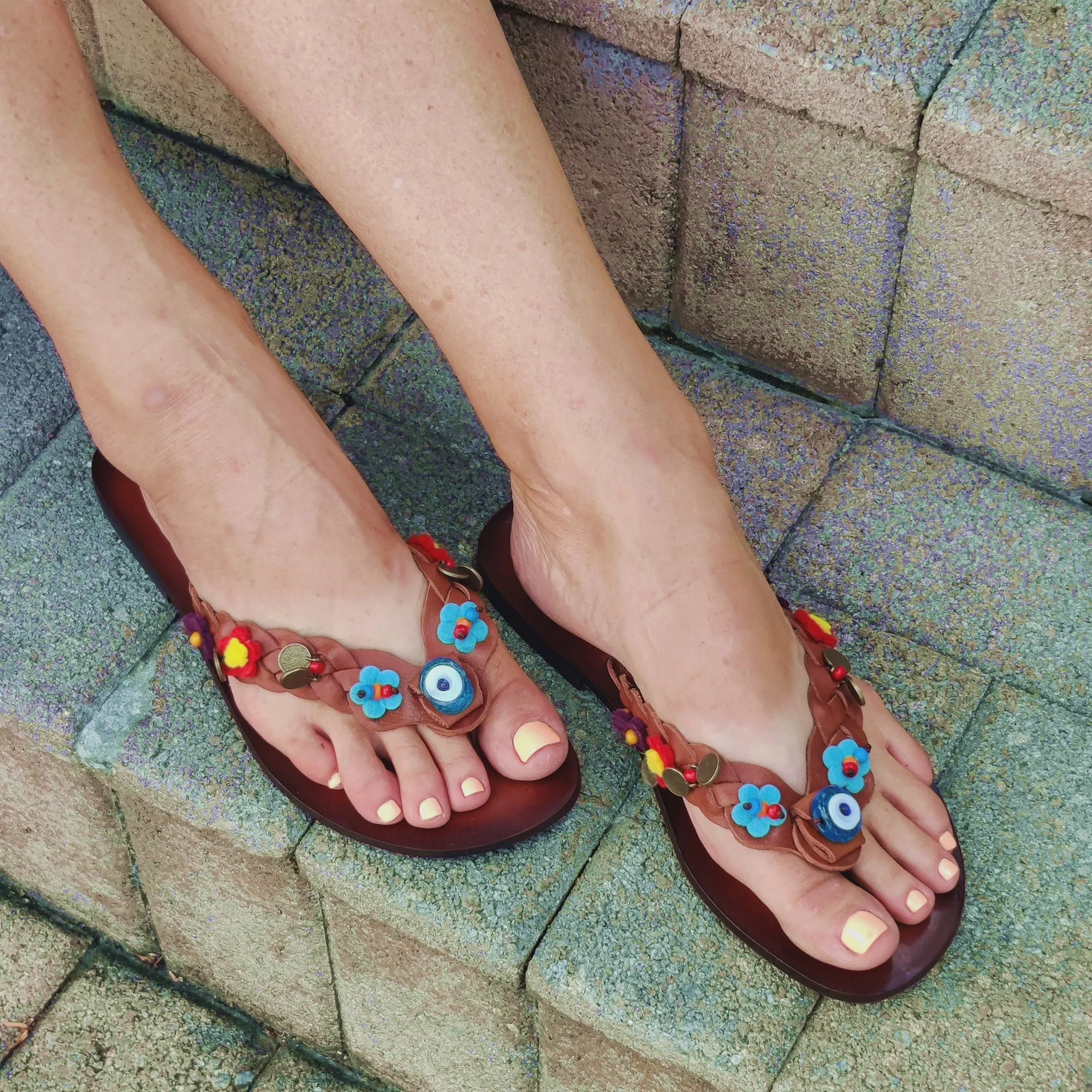 Handcrafted Vegetal Leather Sandal for Women with Ethnic Evil Eye Beads-Life Style High Back Summer Shoes-Gift Flip Flop Fashion Footwear Disposable Flip Flops For Wedding Guests