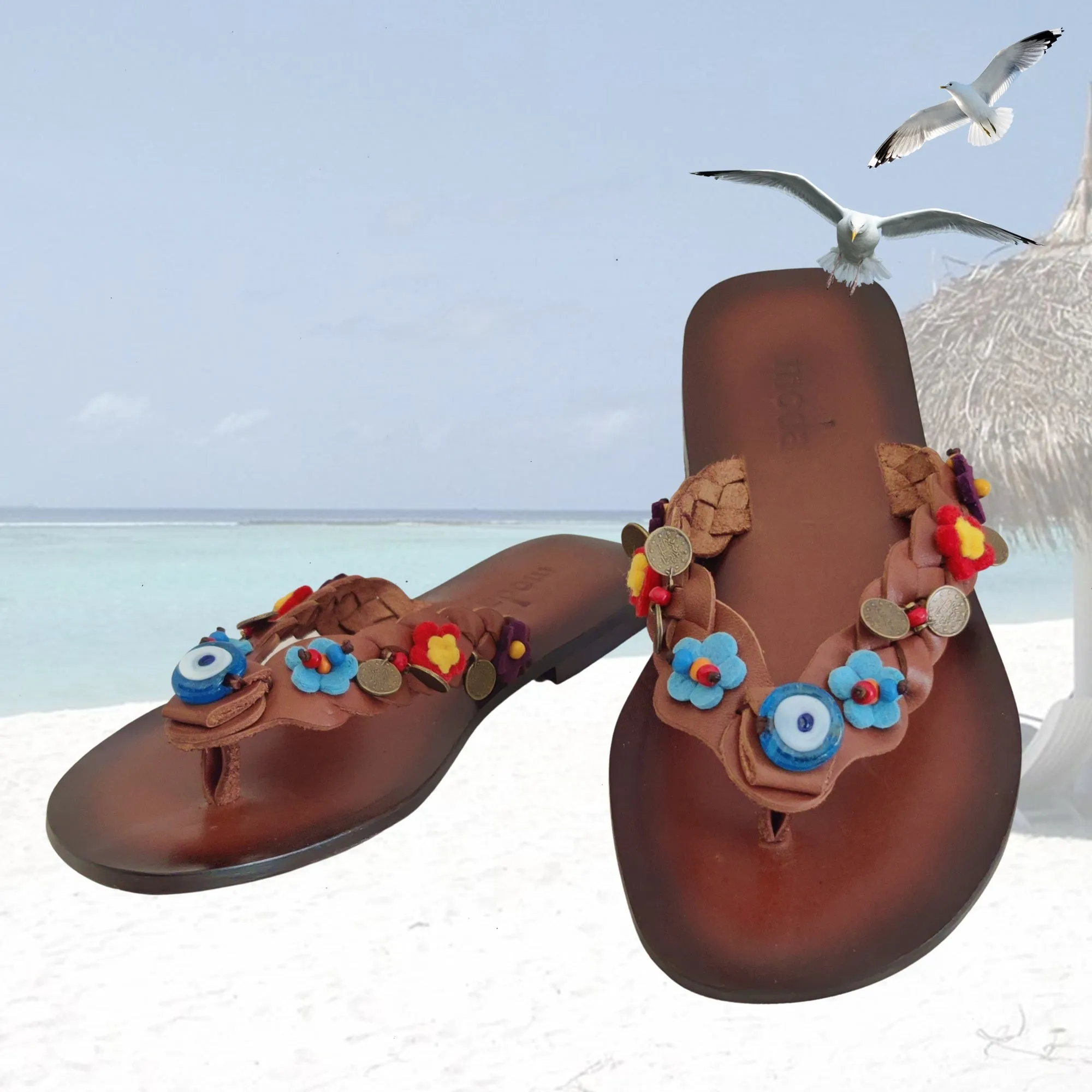 Vw Flip Flops Handcrafted Vegetal Leather Sandal for Women with Ethnic Evil Eye Beads-Life Style High Back Summer Shoes-Gift Flip Flop Fashion Footwear