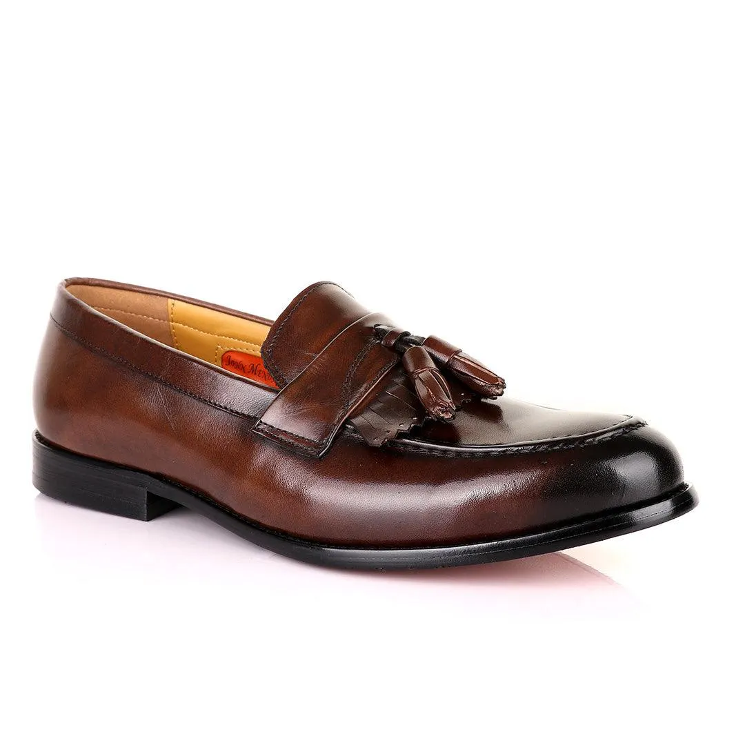 John Mendson Coffee Brown Leather Tassel Loafers Loafers For Sale