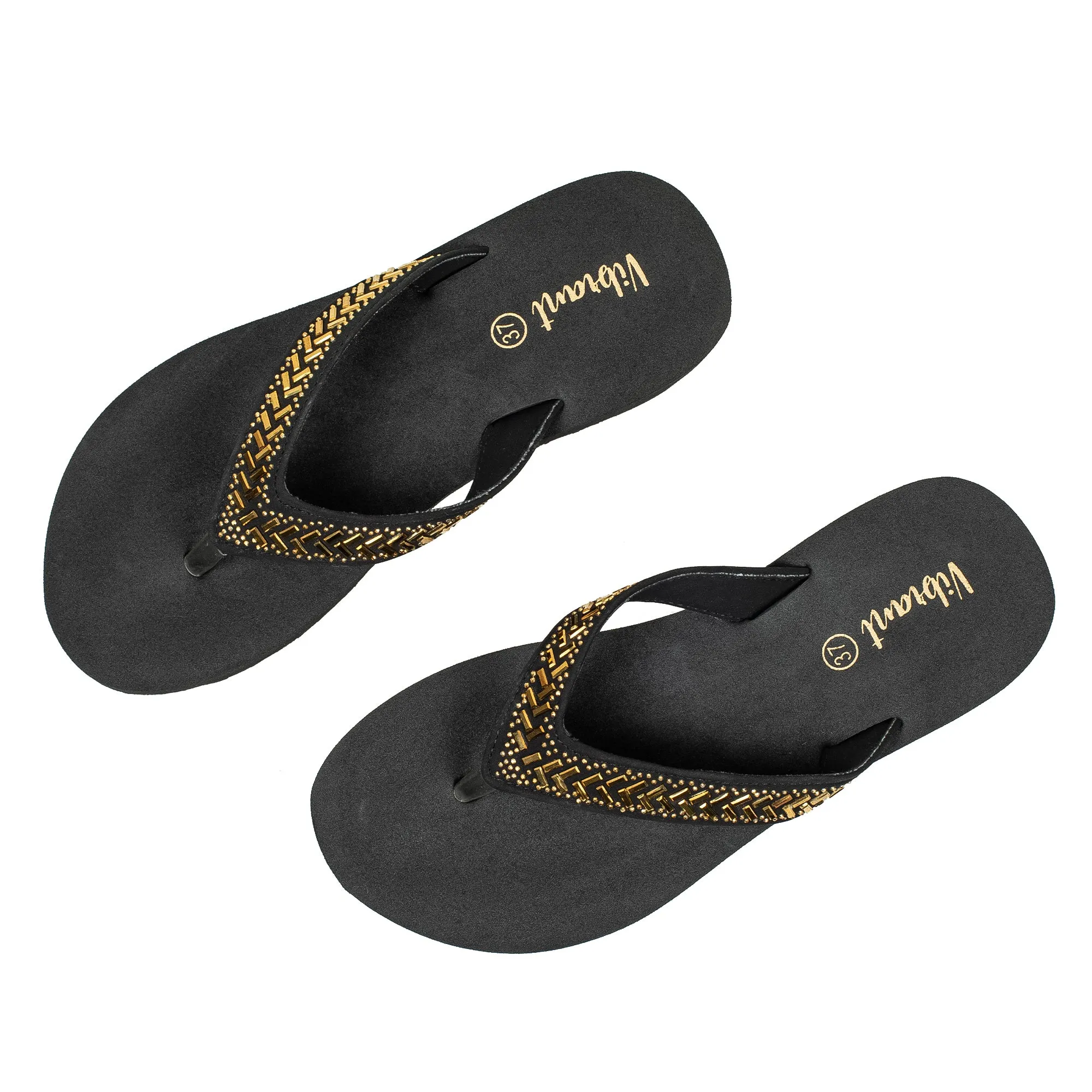 Ladies' Fashionable Golden Stoned Strap Beach Flip-Flop with Comfortable Sole Bride Flip Flops